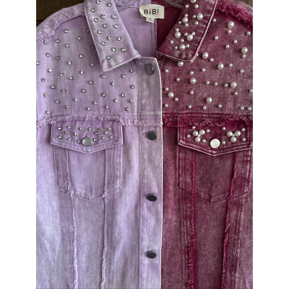 Bibi Pink Denim Vest Rhinestone And Pearl Embellishment Medium Oversized